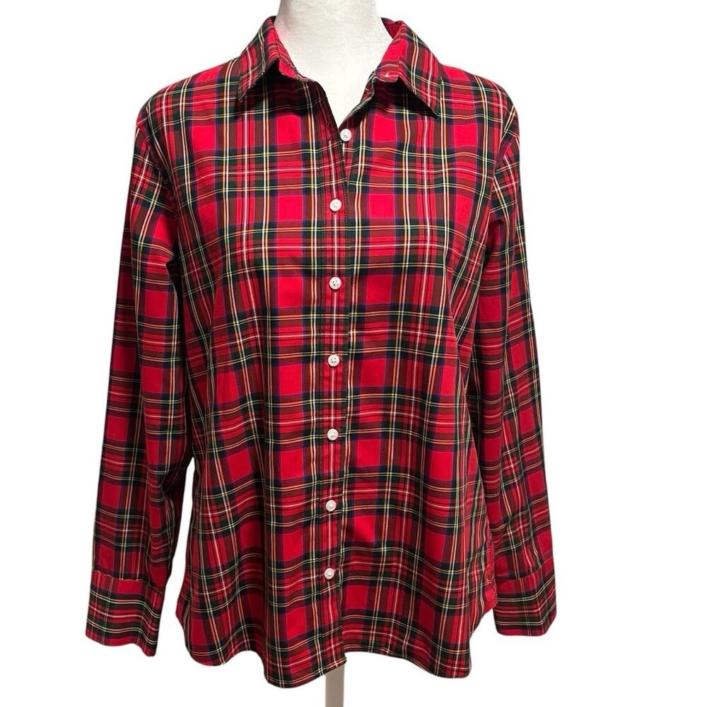 Lands End 10P 10 Petite Button Up Shirt Holiday Red Plaid No Iron Supima Cotton